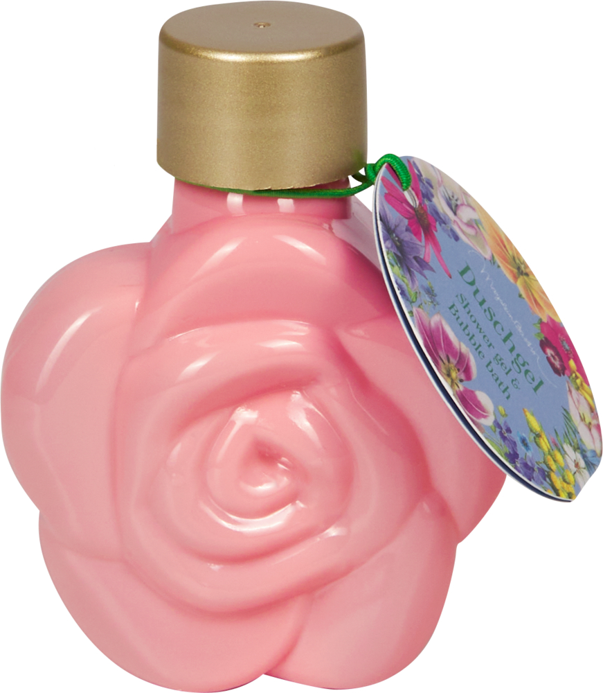 Pinkfarbenes Fläschchen in Rosenform, goldener Verschluss, daran ein Anhänger mit Blumenmotiv.