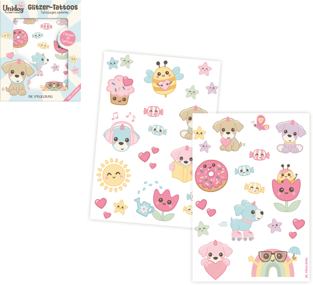 Set mit zwei Bögen Glitzer-Tattoos mit bunten Motiven wie Hunden, Blumen, Herzen, Donut, Sonne und Biene.