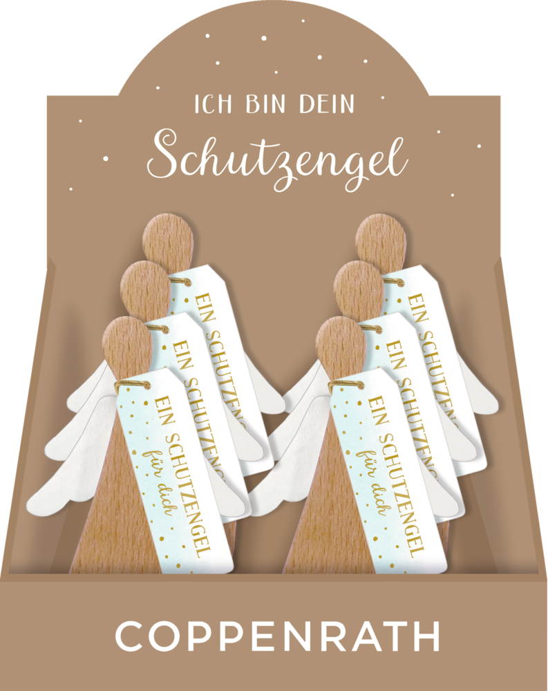 Holz-Engelsfiguren mit weißen Flügeln und „Ein Schutzengel für dich“-Anänger in einem Coppenrath-Display.