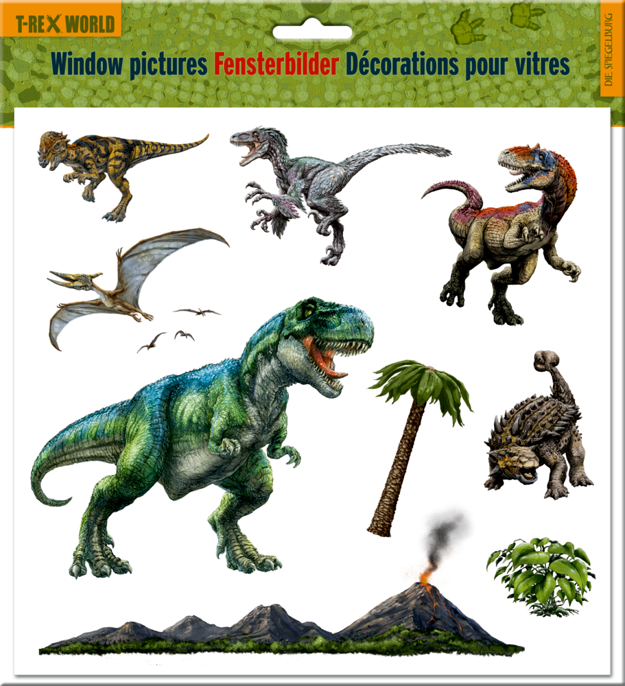 Stickerbogen mit illustrierten Dinosauriern, einem Flugsaurier, einer Palme, einem Vulkan und einer Blattpflanze.