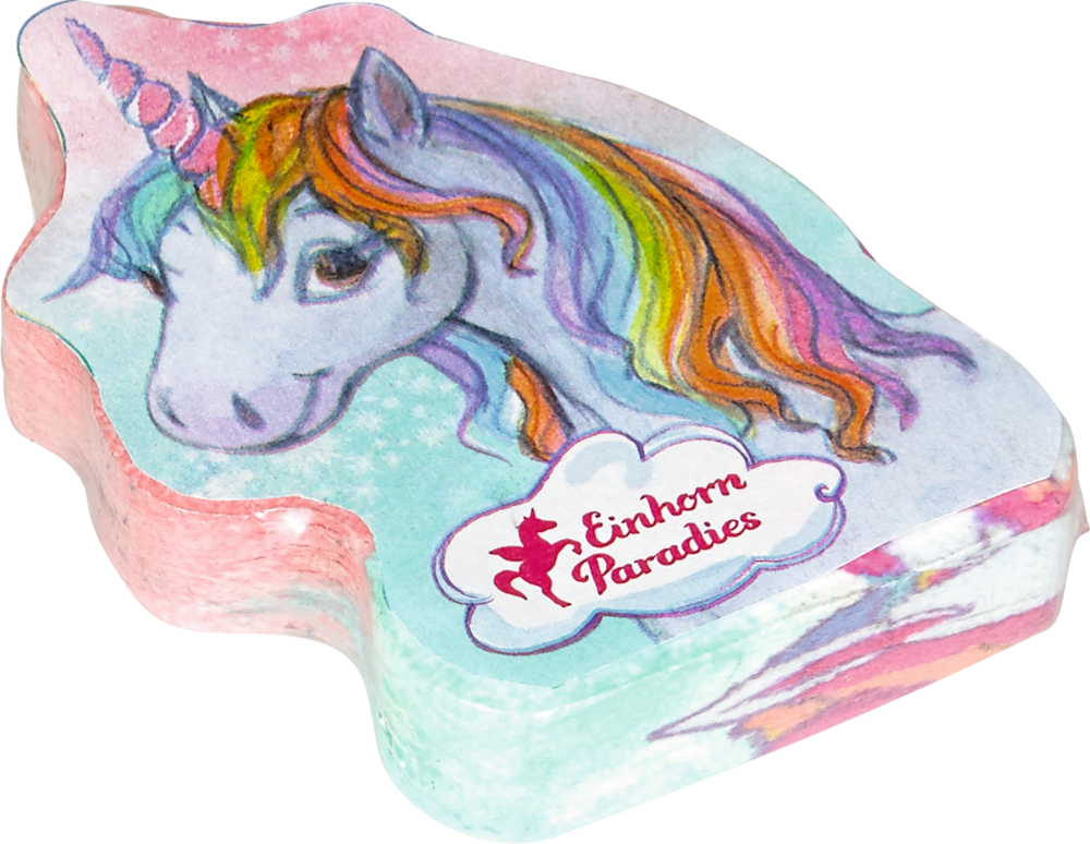 Gegenstand in Einhornform mit einem lächelnden Einhorn und dem Text „Einhorn Paradies“ in einer Wolke.