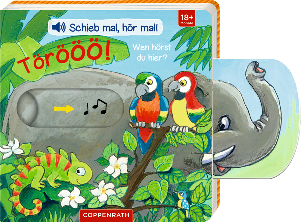 Lebendiges Kinderbuchcover mit Papageien, einem Elefanten, einem Chamäleon und Blumen in einer üppigen Dschungelszene.