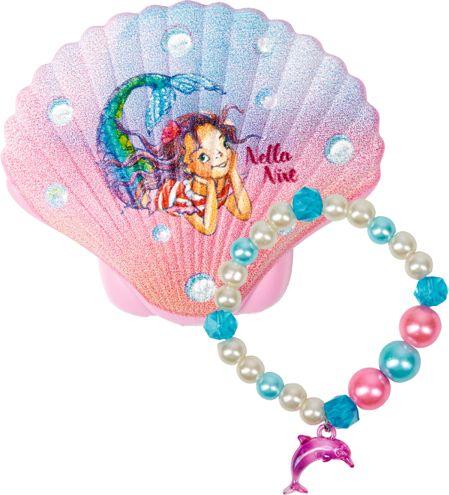 Rosafarbene, muschelförmige Schachtel mit Meerjungfrauen-Illustration und einem Perlenarmband mit Delfin-Anhänger.