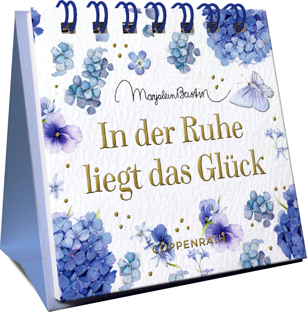 Floraler Mini-Spiralaufsteller mit  Titel „In der Ruhe liegt das Glück“ und blauen Hortensienillustrationen auf dem Einband.