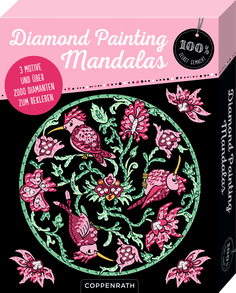 Rosafarbene Box mit Diamond Painting-Mandalas mit verzierten Vögeln und Blumenmandala in Rosa und Grün.