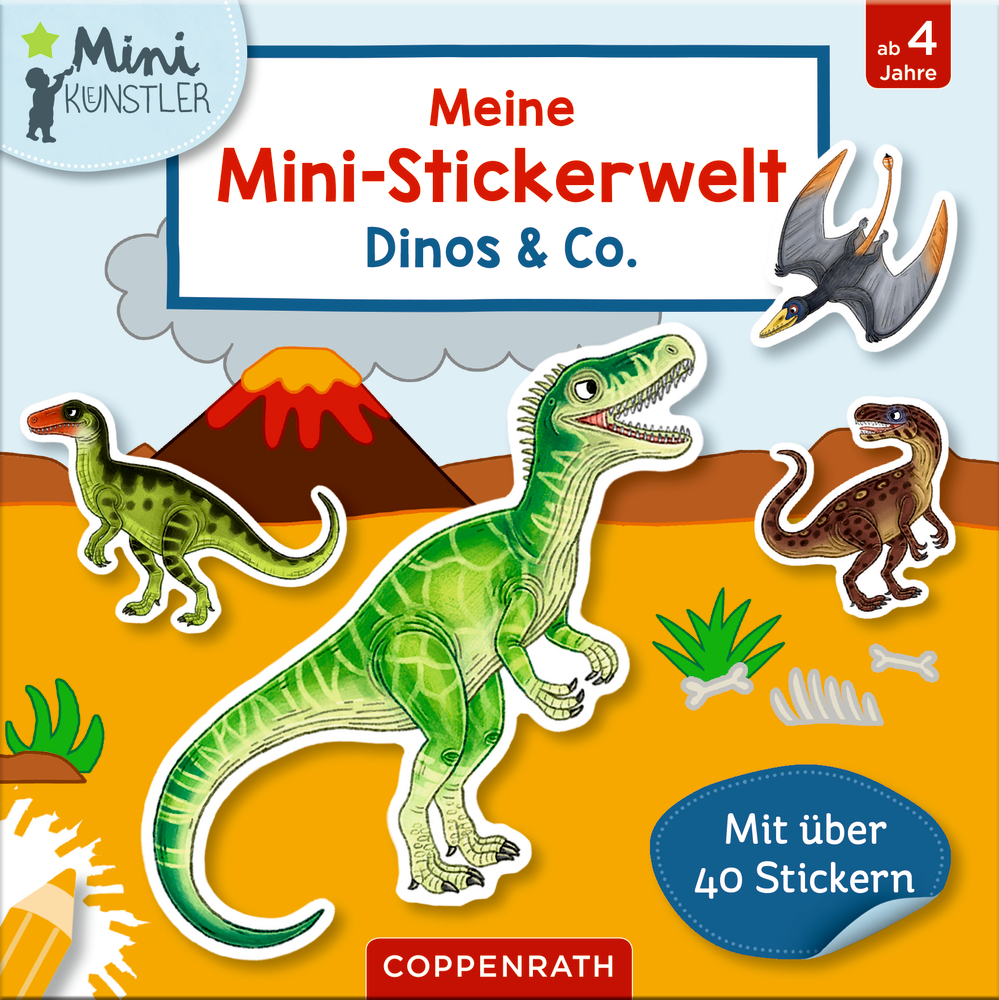 Farbenfroher Stickerbuch-Umschlag mit Cartoon-Dinosauriern, einem Vulkan und dem Titel „Meine Mini-Stickerwelt Dinos & Co.“.