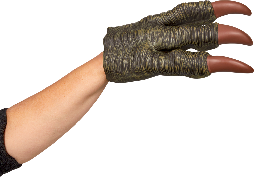 Ein menschlicher Arm in einem Handschuh in Form von drei braunen, dinosaurierähnlichen Klauen.