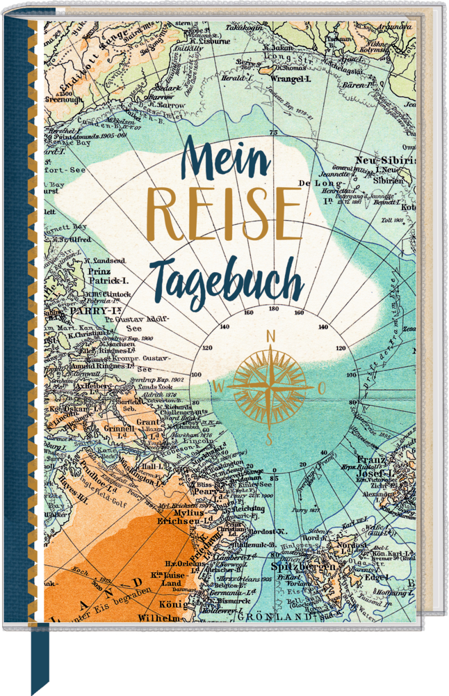 Reisetagebuch mit Vintage-Weltkarteneinband und der Aufschrift „Mein Reisetagebuch“.