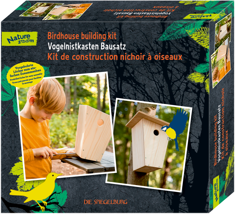 Dunkle Pappschachtel mit Fotos, wie ein Kind ein Vogelhaus zusammenbaut.