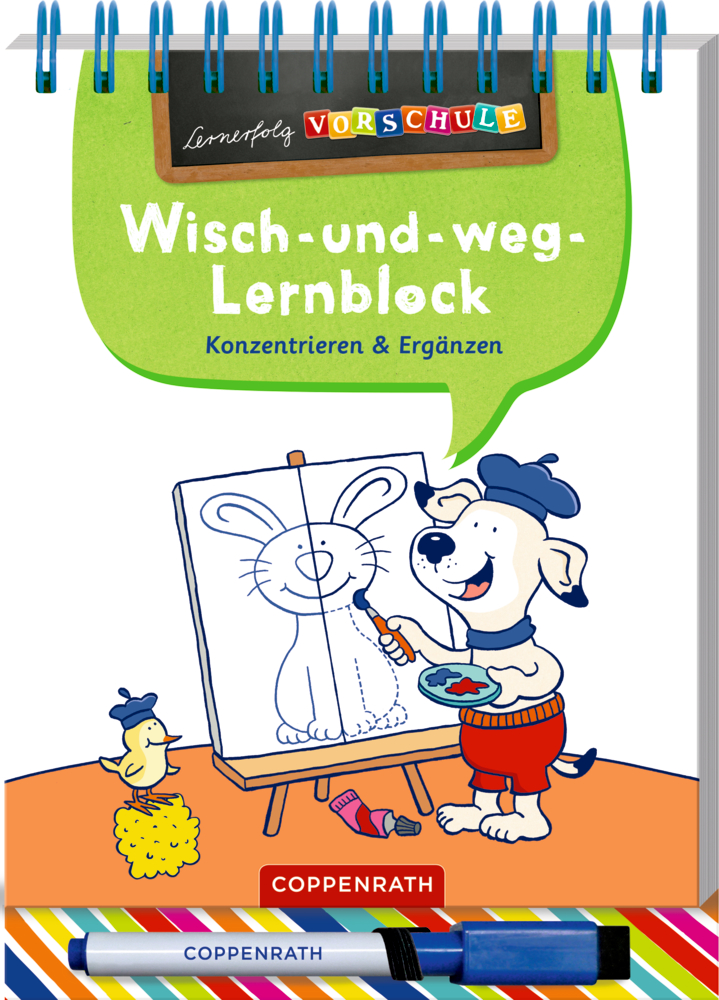 Ein Hund malt an einer Staffelei ein Häschen, daneben eine Ente auf dem Cover eines Vorschul-Aktivitätsbuchs.