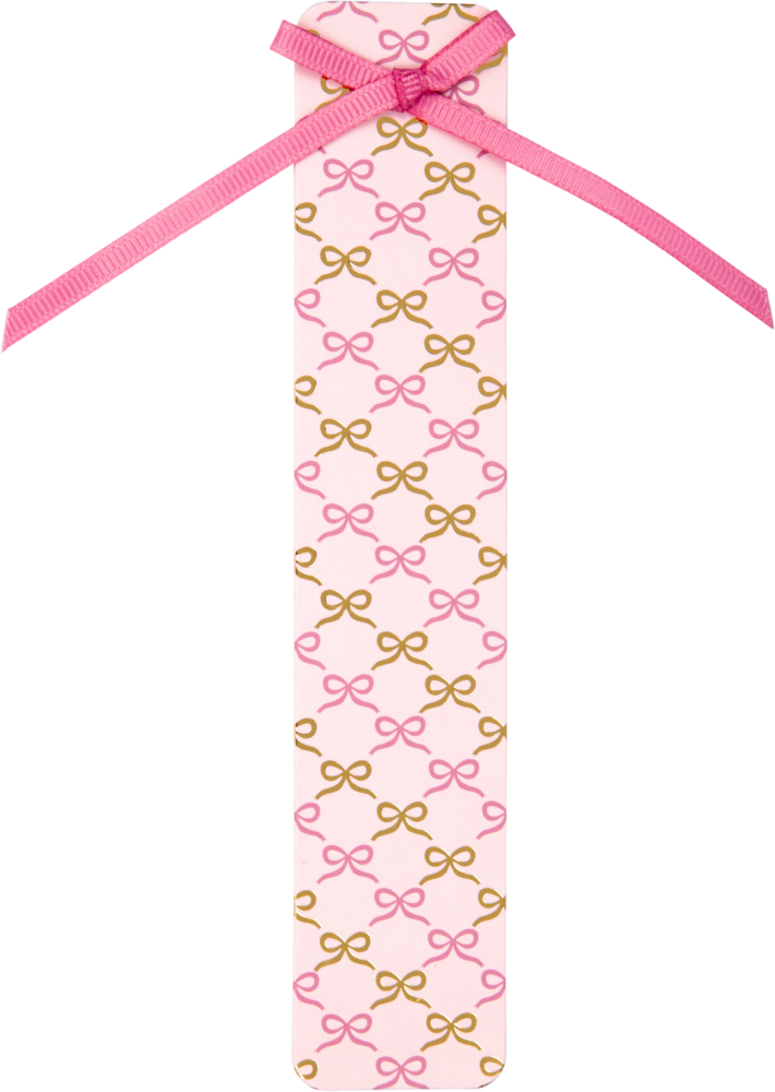 Rosa Lesezeichen mit goldenen und rosa Schleifenmustern, oben eine rosa Schleife aus Stoffband.