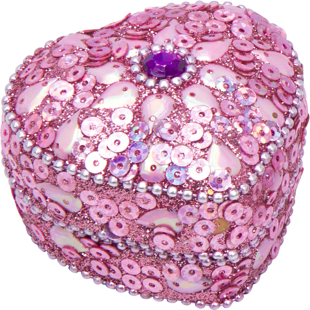 Herzförmige rosa Dose mit glänzenden Pailletten, Perlenreihen und einem violetten Glitzerstein auf dem Deckel.