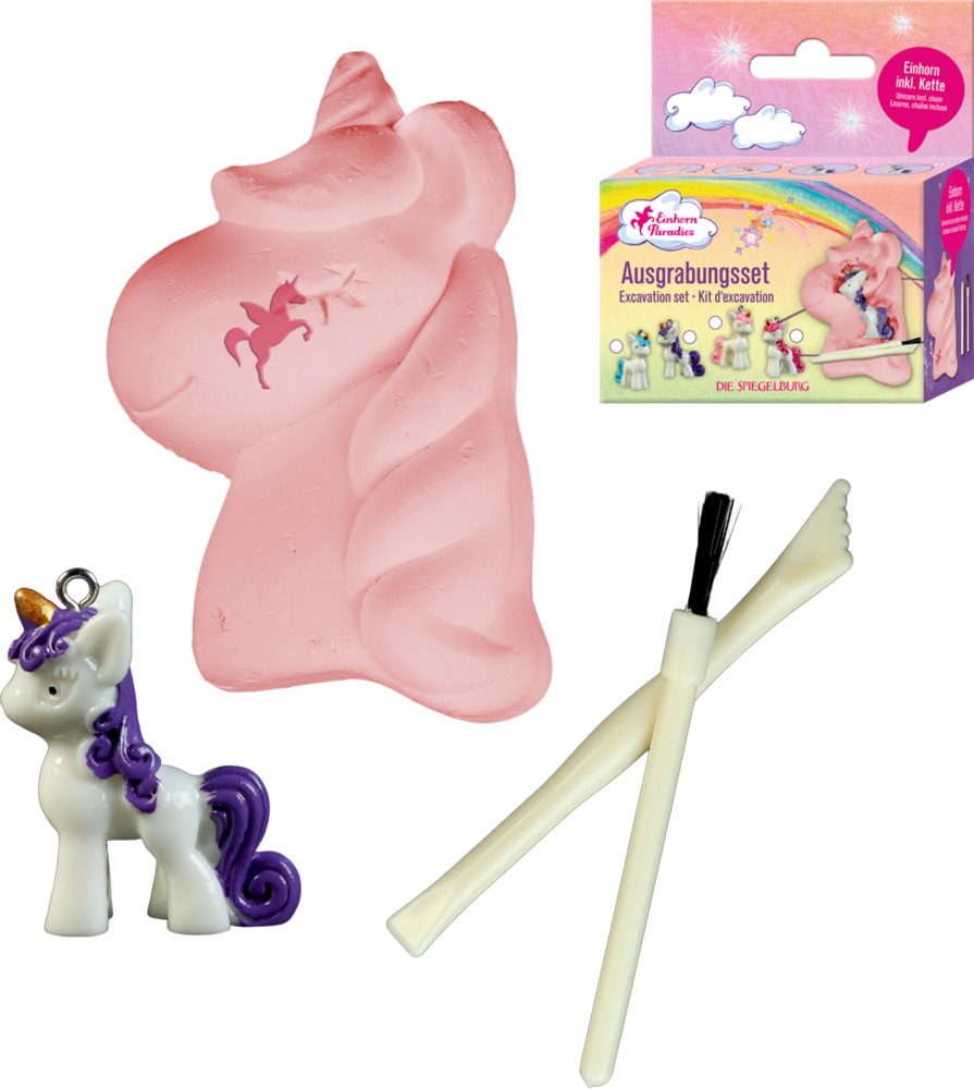 Ausgrabungsset mit rosa Einhorn-Gipsfigur, kleinem Einhornanhänger, Pinsel und Werkzeug, daneben bunt bedruckte Verpackung.