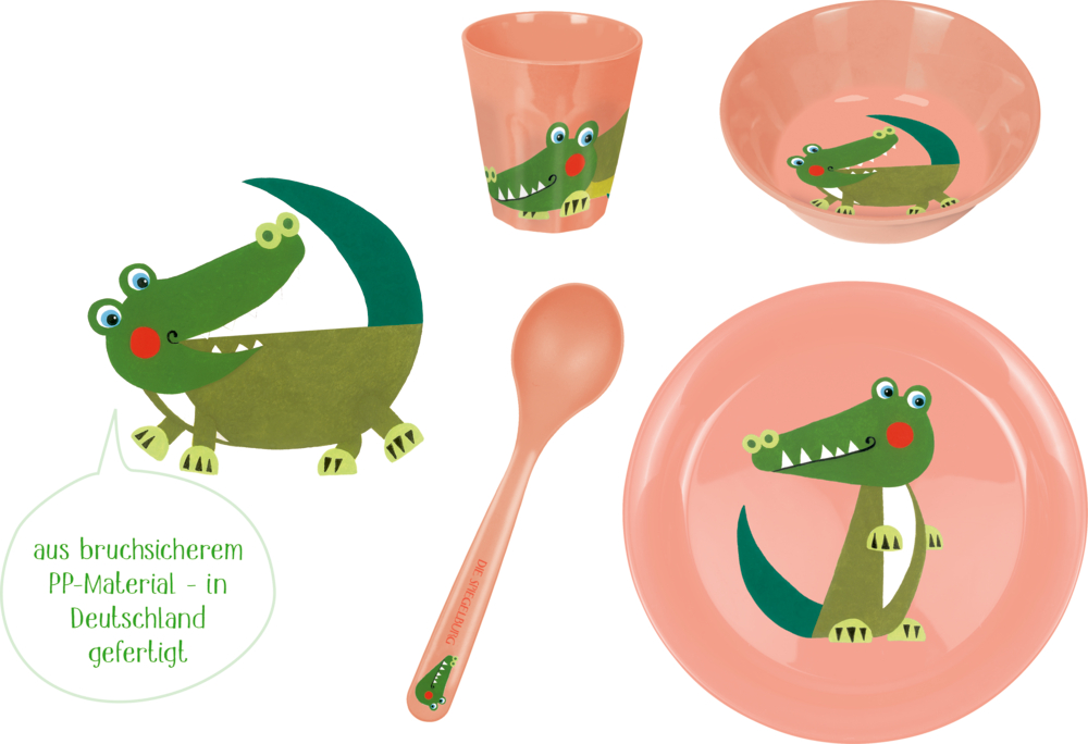 Krokodil-Geschirrset für Kinder – Becher, Schüssel, Teller, Löffel und Cartoon-Krokodil – auf rosafarbenem Hintergrund.