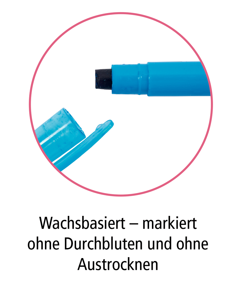 Geöffneter blauer Stift mit blauer Spitze und abgenommener Kappe.