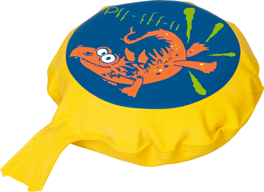 Gelbes Furzkissen mit einem Cartoon-Drachen und grünem „Pff-fff-ff“ auf einem blauen Kreis.