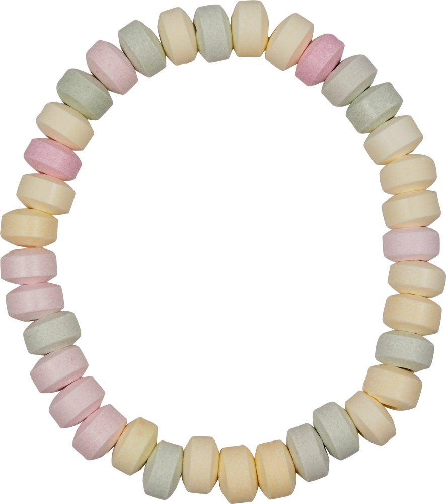Ein Armband aus pastellfarbenen, flachen Bonbonperlen.