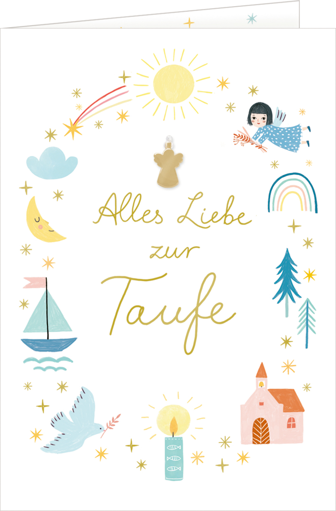 Bunte Taufkarte zum Aufklappen mit Sonne, Mond, Sternen, Taube, Engel, Regenbogen, Kerze, Segelboot und „Alles Liebe zur Taufe“ in Goldschrift.