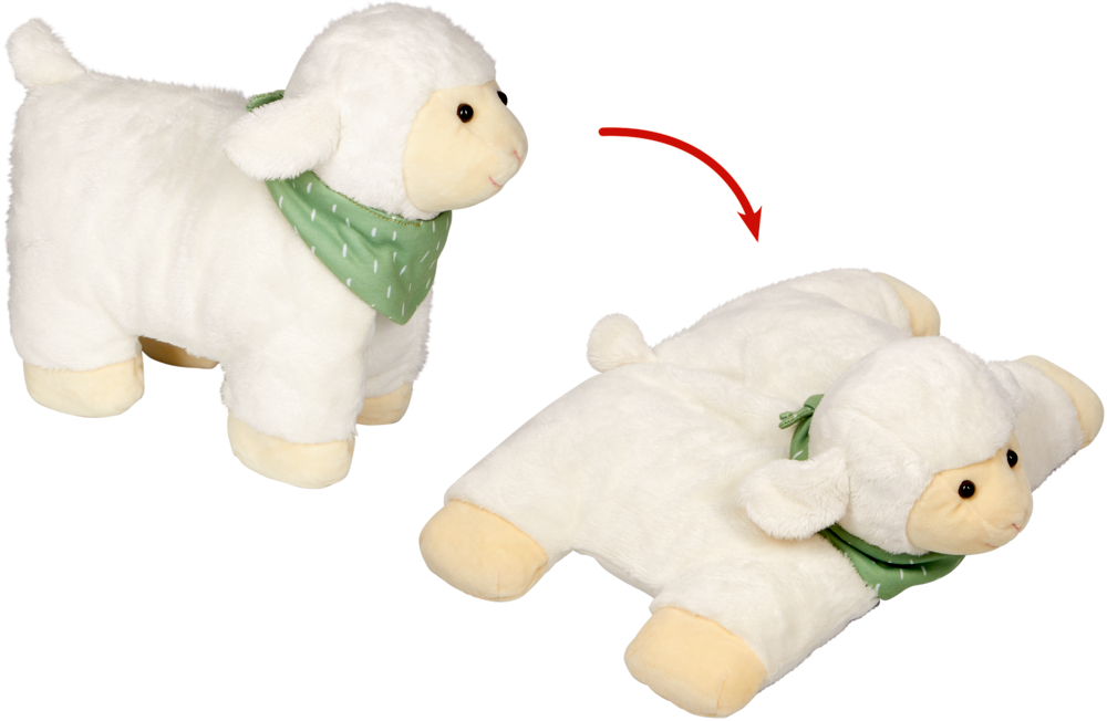 Stehendes und flaches Stoffschaf mit grünem Halstuch, dazwischen ein roter Pfeil.