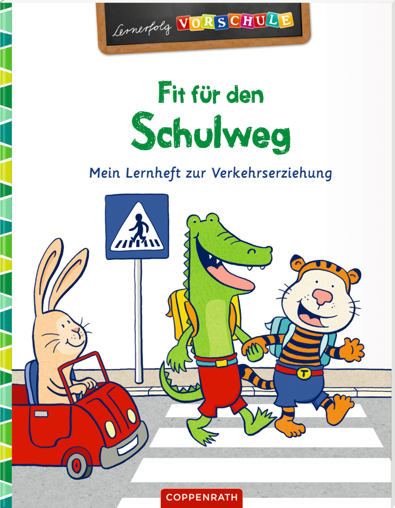 Krokodil und Tiger überqueren einen Zebrastreifen, während ein Kaninchen im roten Auto wartet.