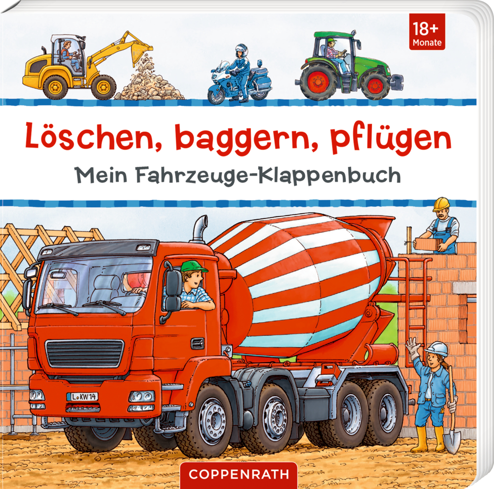 Buchcover mit rotem Betonmischer, Bauarbeitern und Baumaschinen, Titel „Löschen, baggern, pflügen – Mein Fahrzeuge-Klappenbuch“.
