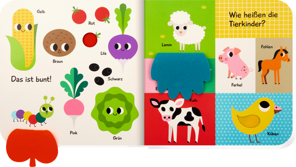 Lebendige  Kinderbuchseite mit illustriertem Gemüse, Tieren und Farb- und Tiernamen .