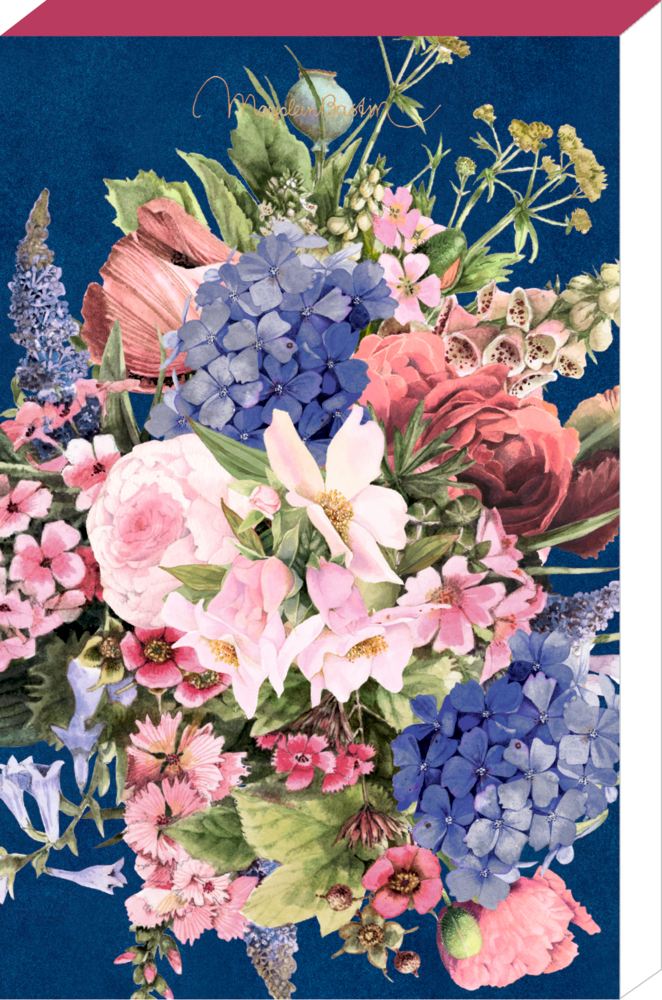 Bunter Blumenstrauß mit rosa, blauen und violetten Blüten auf dunkelblauem Hintergrund.
