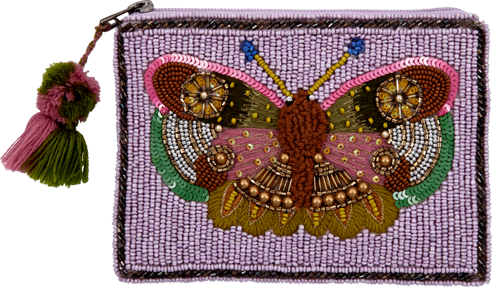 Kleine lilafarbene Perlenclutch mit bunter Perlenstickerei eines Schmetterlings und Quastenanhänger am Reißverschluss.