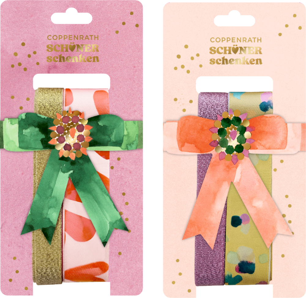 Zwei Karten mit Geschenkband-Sets in verschiedenen Farben und Mustern, jeweils mit dekorativer Schleife in der Mitte.