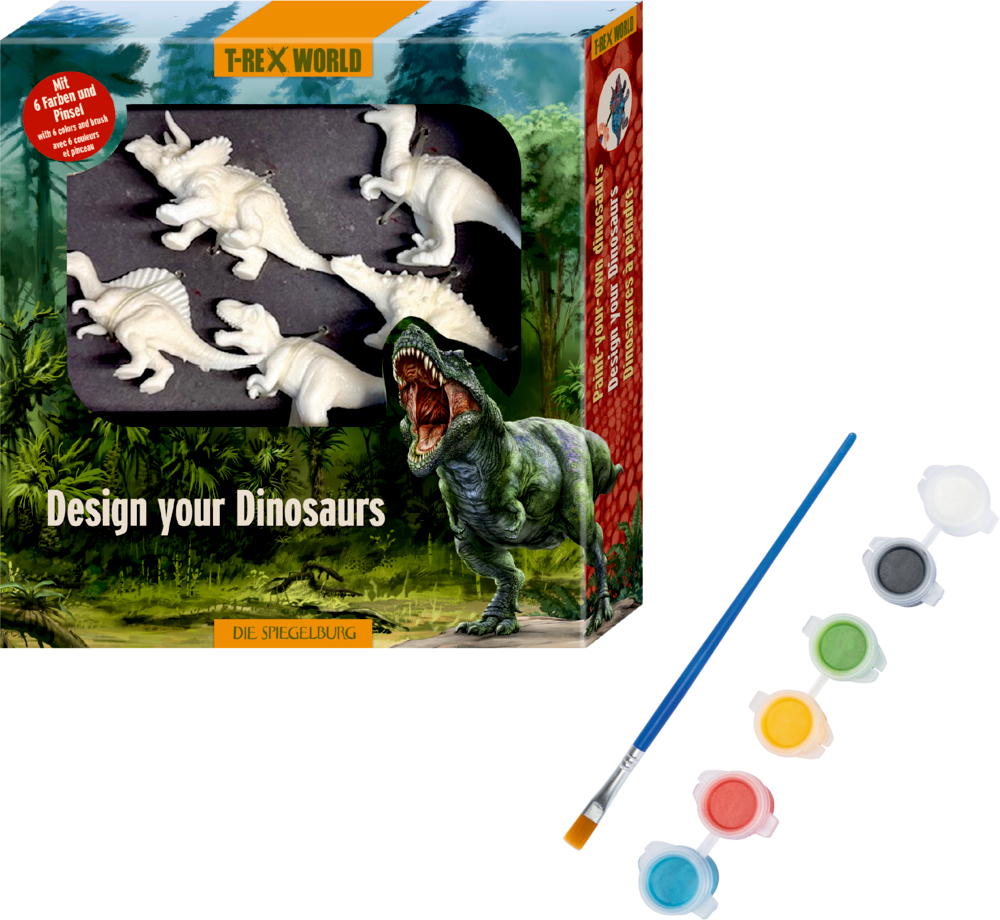 Bastelset mit fünf weißen Dinosaurierfiguren in Verpackung, sechs Farbtöpfchen und einem blauen Pinsel.