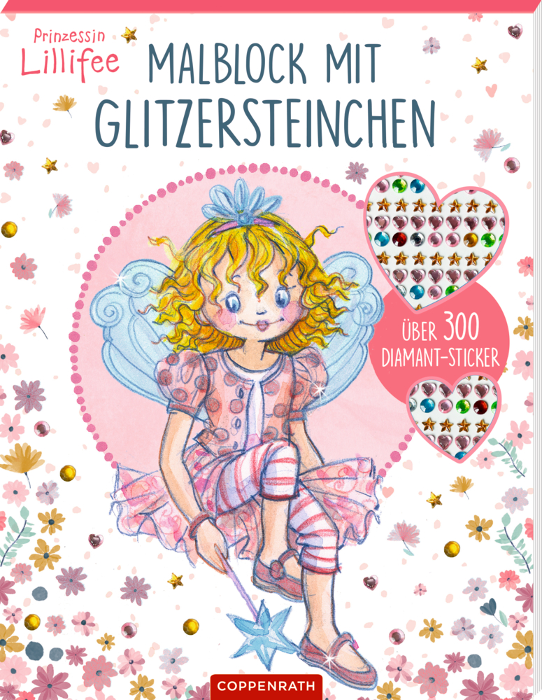 Blondes Feenmädchen in Pink mit Locken, das einen Zauberstab hält, umgeben von bunten Edelsteinaufklebern, auf dem Cover von "Malblock mit Glitzersteinchen".