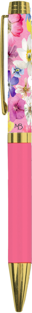 Rosa und goldener Stift mit Blumenmuster im oberen Bereich, goldener Clip und Spitze.