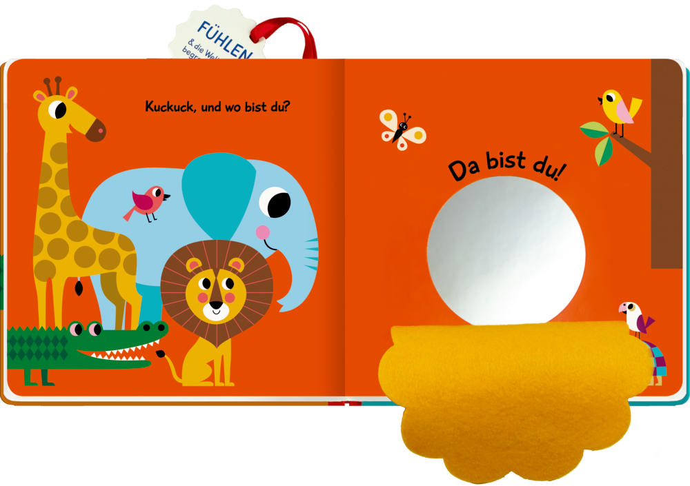 Farbenfrohes Kinderbuchcover: lächelnder Löwe, Vogel, Schmetterling und Titelschriftzug.