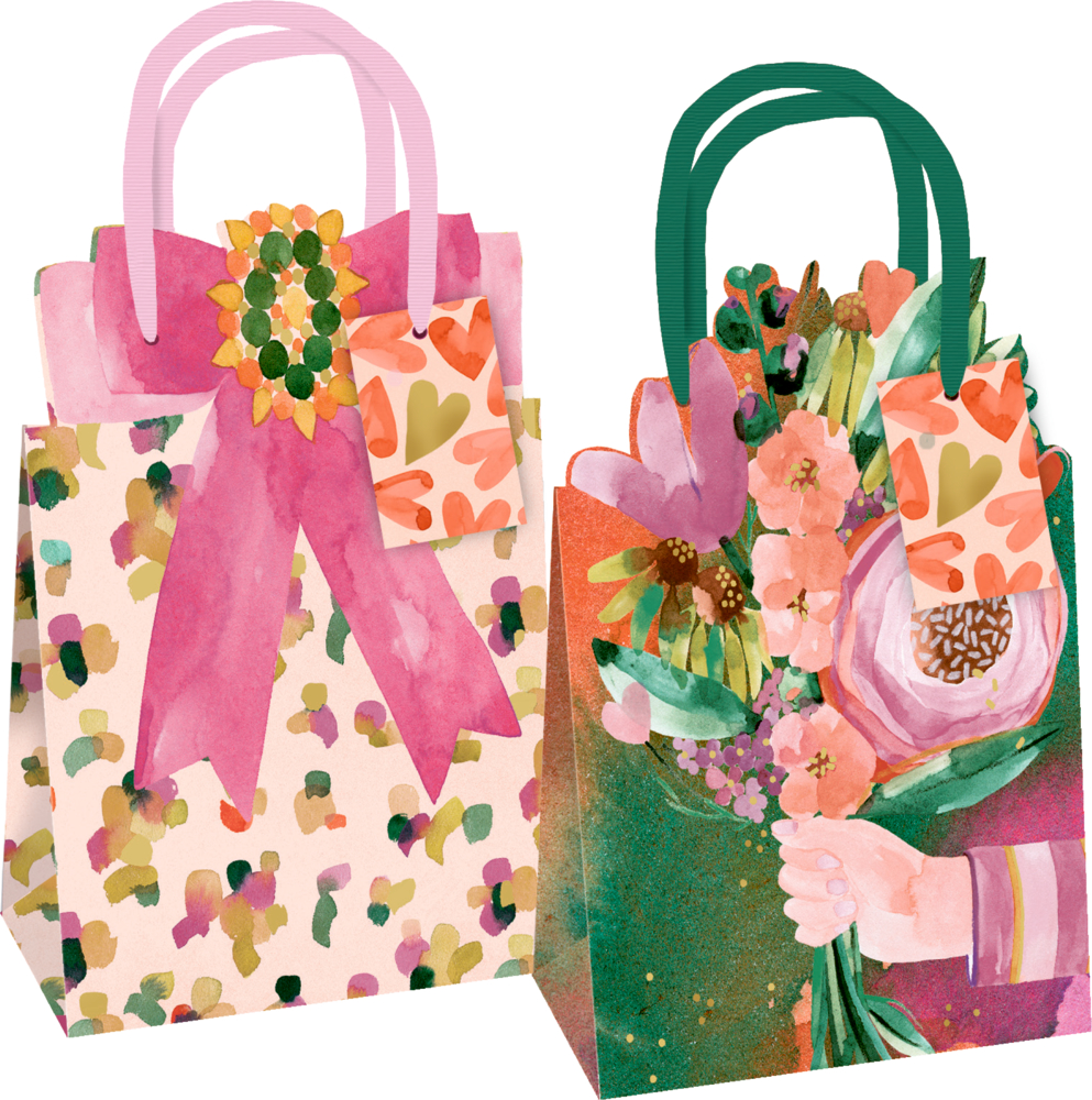 Zwei Geschenktüten mit Blumenmustern, eine mit rosa Schleife, die andere mit Blumendruck und grünen Henkeln.