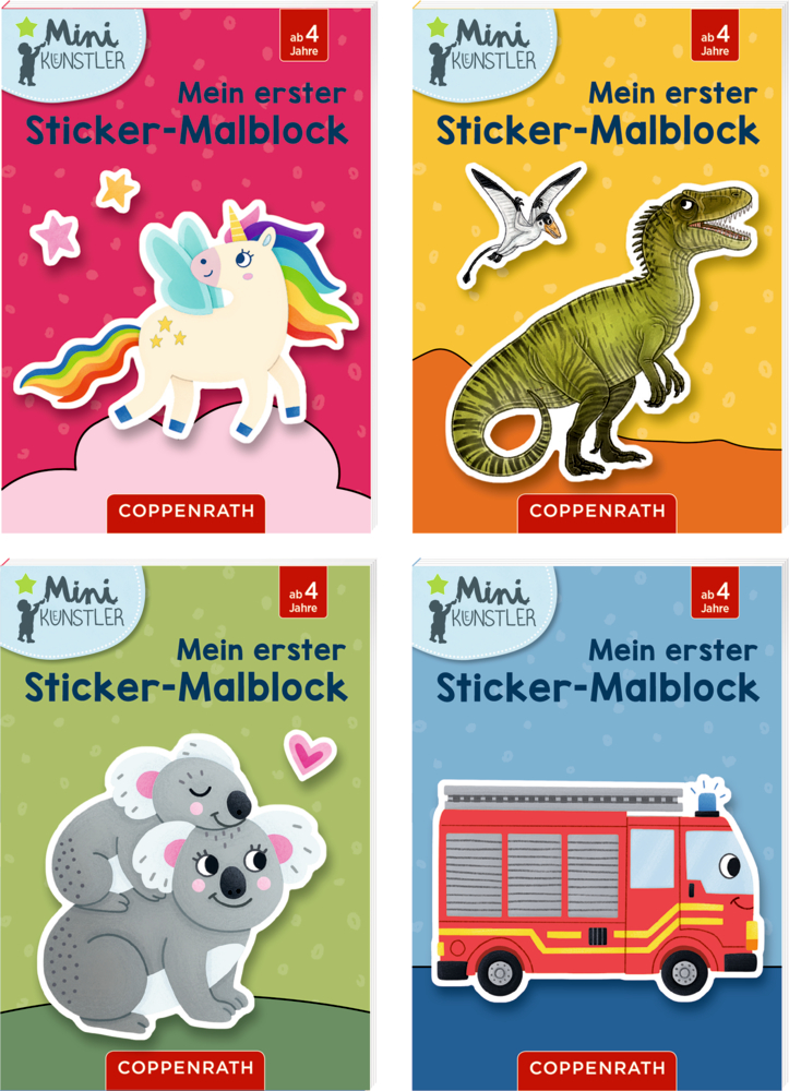 Vier Sticker-Malblöcke mit Einhorn, Dinosaurier, Koalas und Feuerwehrauto auf den Covern.
