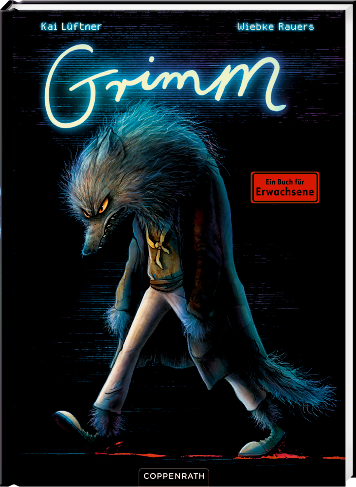 Buchcover mit einem anthropomorphen Wolf in Kleidung, der mit gesenktem Kopf auf dunklem Hintergrund geht.