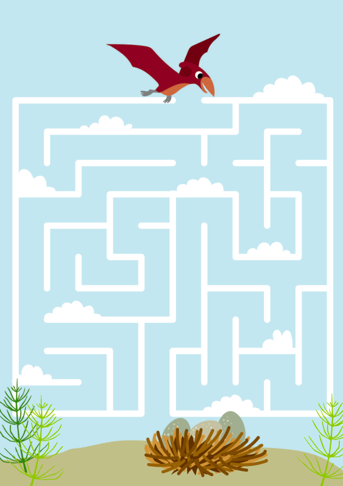 Ein roter Flugsaurier schwebt über einem Labyrinth auf einer Rätselseite mit einem Nest am Ausgang und überall verstreuten Wolken.