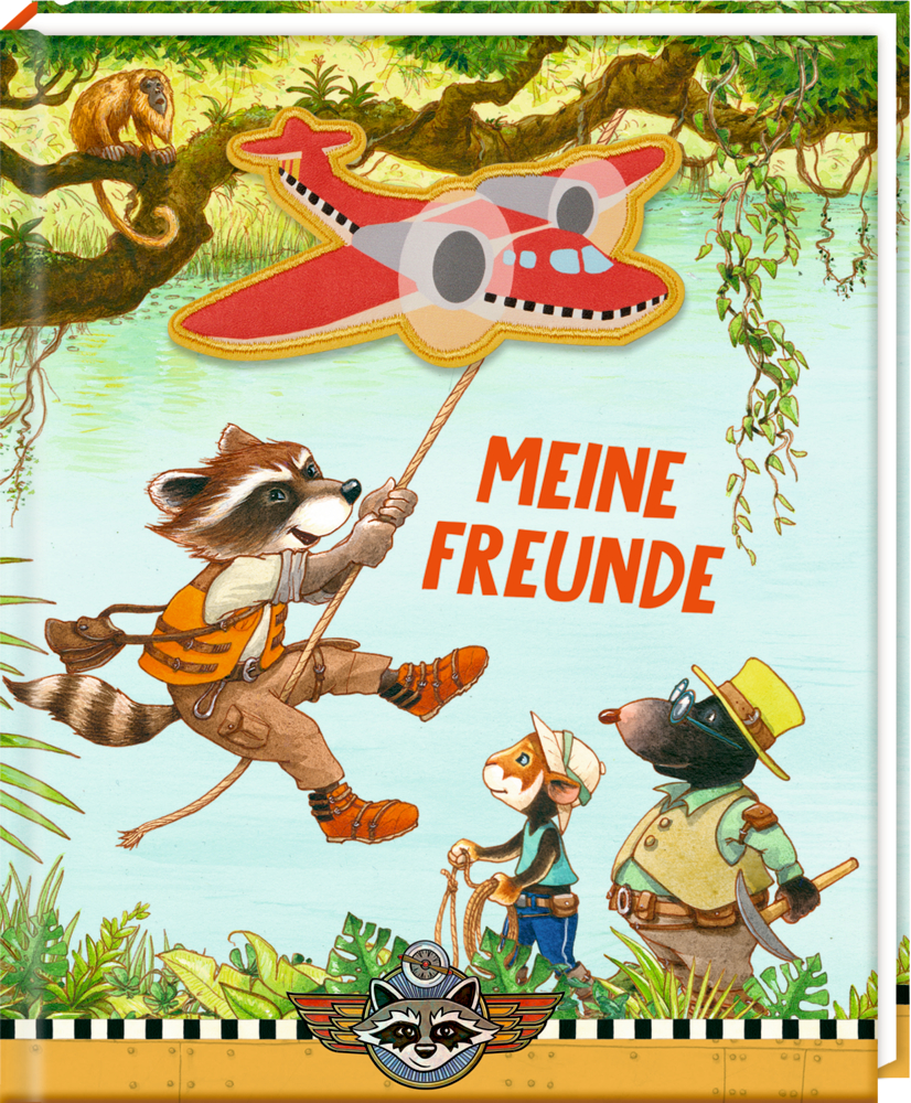 Ein Waschbär mit einer Tasche springt nach einem Papierflieger, während zwei Tierfreunde zuschauen. Text: MEINE FREUNDE.