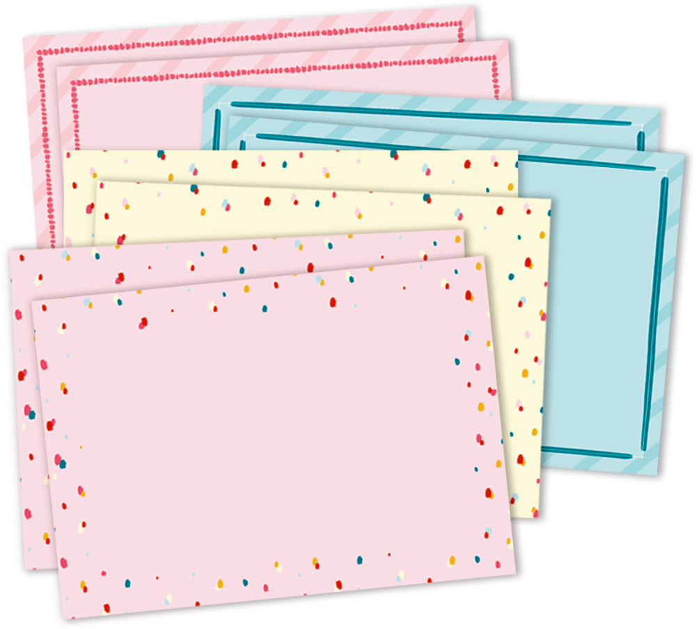 Set mit 6 leeren Notizkarten in drei verschiedenen Pastellfarben und mit gemusterten Rändern.