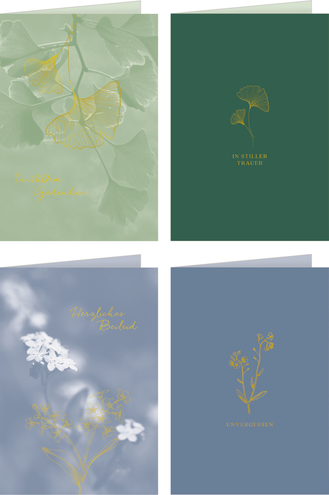 Vier florale Trauerkarten mit deutschen Kondolenzbotschaften in Gold auf grünem und blauem Hintergrund.