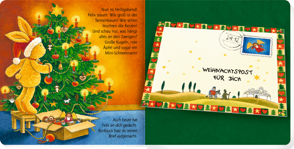 Eine Doppelseite mit Text auf der ein Hase einen Weihnachtsbaum schmückt, rechts ist auf einem festlichen Umschlag „Weihnachtspost für dich“ zu lesen.