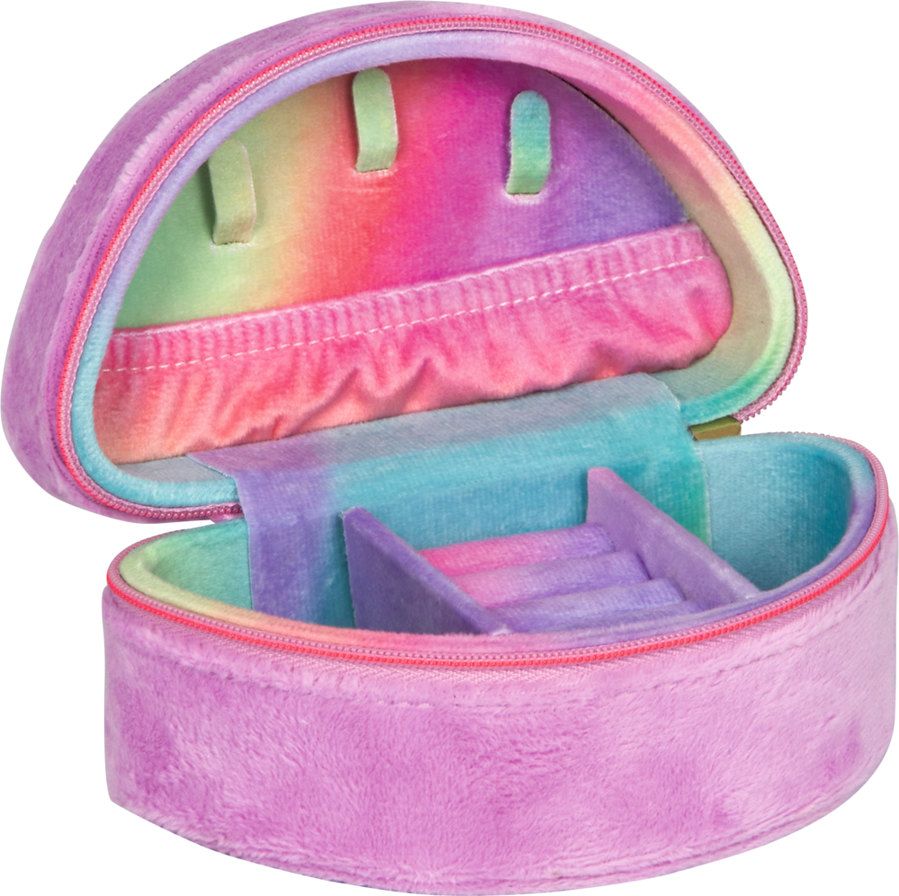 Offene Schmuckschatulle mit pastellfarbenen Regenbogen, Fächern und rosa Reißverschluss.