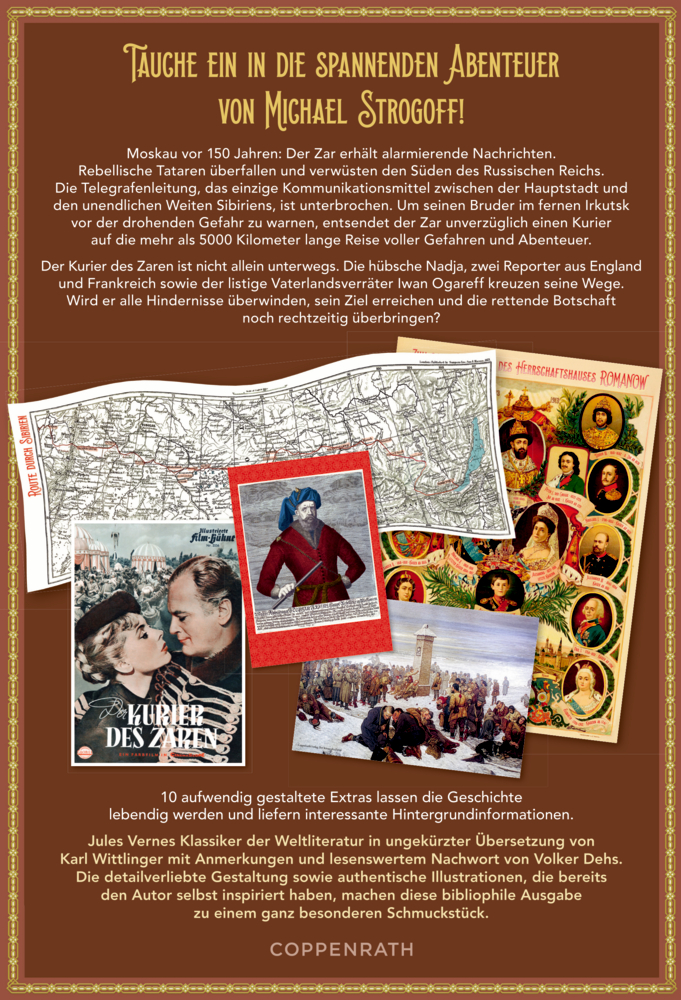Buchrückseite mit Text zu „Michael Strogoff“, umgeben von historischen Karten, Porträts und Filmszenen.