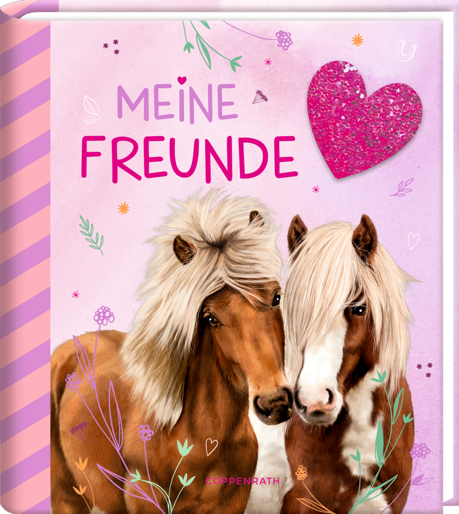 Freundebuch-Cover mit zwei Ponys, rosafarbenem Hintergrund, pinkem Herz und dem Titel „Meine Freunde“.