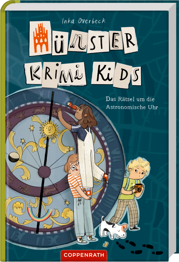 Drei Kinder erkunden eine riesige astronomische Uhr, eines benutzt eine Lupe und ein anderes zeigt auf die Uhr, auf dem Cover von "Münster Krimi Kids".