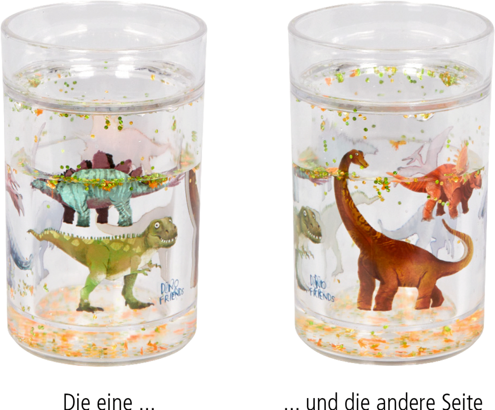 Zwei durchsichtige Becher mit darin schwimmenden Plastikdinosauriern und Glitzer, aus verschiedenen Blickwinkeln betrachtet.