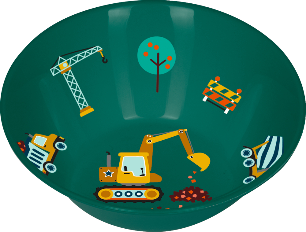 Grüne Schüssel mit Abbildungen von Kran, Baum, Bulldozer, Bauhindernis und Muldenkipper.
