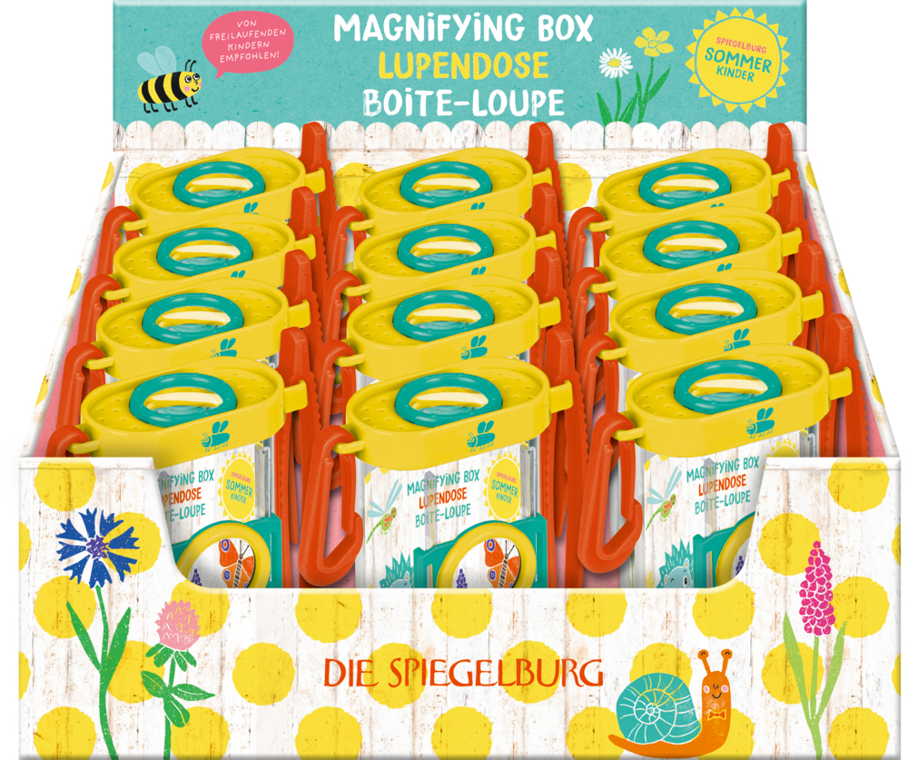 Bunte Lupendosen mit orangenen Pinzetten in einer Displaybox.