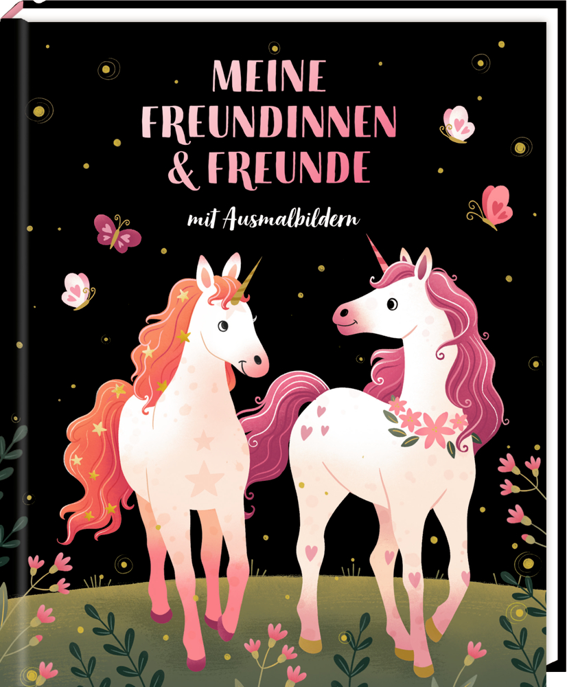 Zwei rosa Einhörner mit Blumen und Schmetterlingen auf schwarzem Grund, Text darüber.