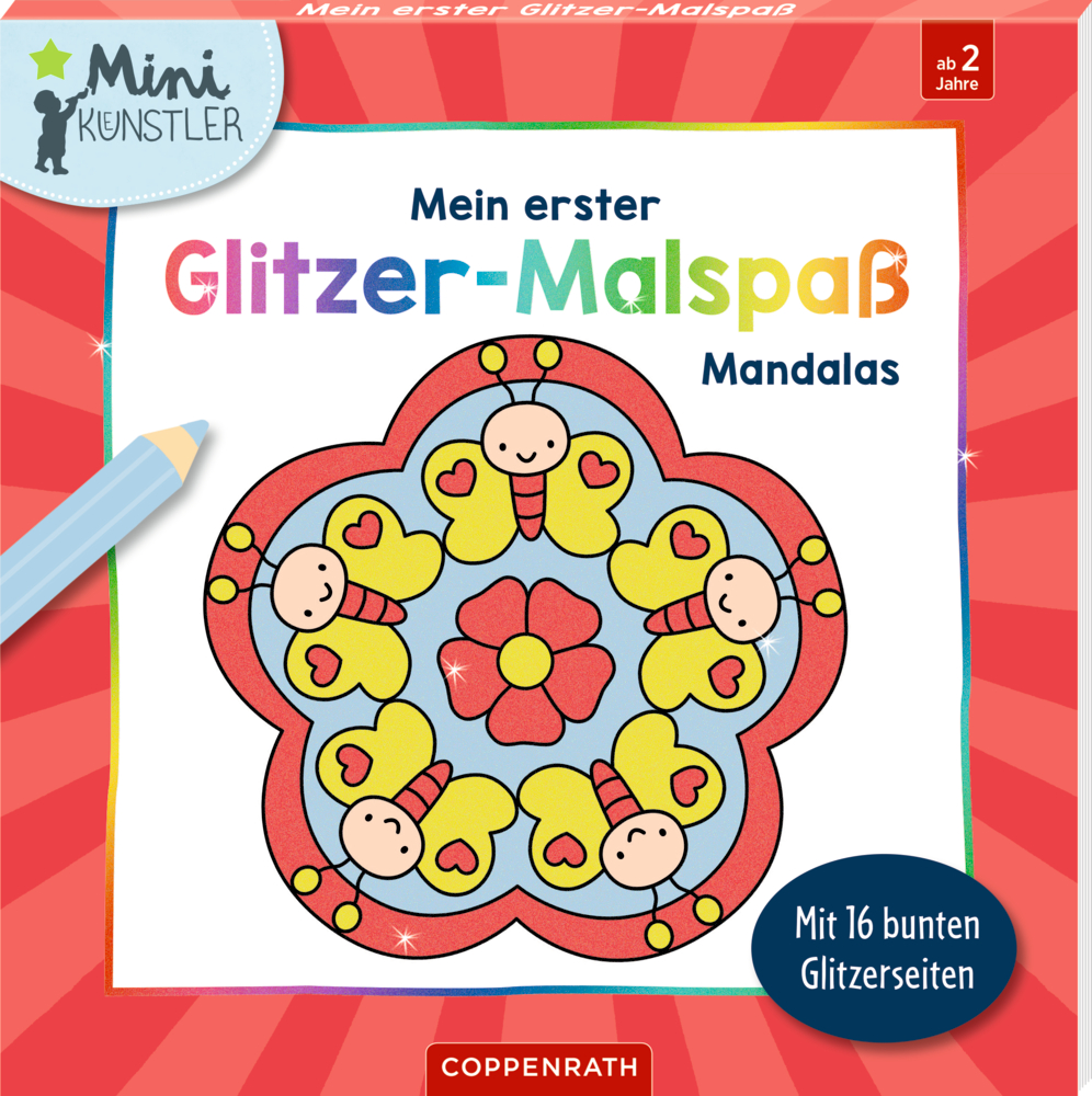Buntes Mandala-Cover mit Smileys, Herzen und Kreisen auf rotem Hintergrund.